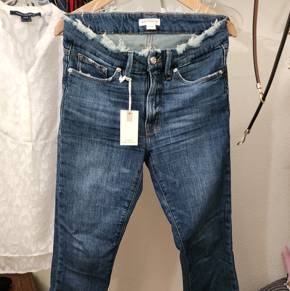 Good American Denim - Good American Blue Skinny Jeans Classic Denim Frayed Worn Look Split Back Pocket
